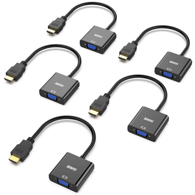 BENFEI HDMI to VGA, 5 Pack, Gold-Plated HDMI to VGA Adapter (Male to Female) for Computer, Desktop, Laptop, PC, Monitor, Projector, HDTV, Chromebook, Raspberry Pi, Roku, Xbox and More - Black - Image 1